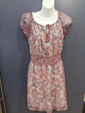 Red Paisley Smocked Waist Mini Dress with Tie Neck